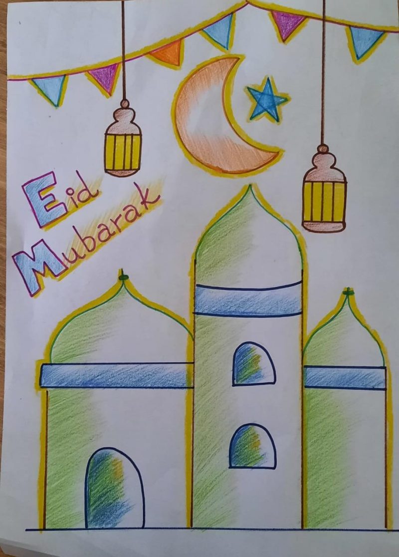happy eid al fitr with mosque and moon hand draw style 6952108 Vector Art  at Vecteezy