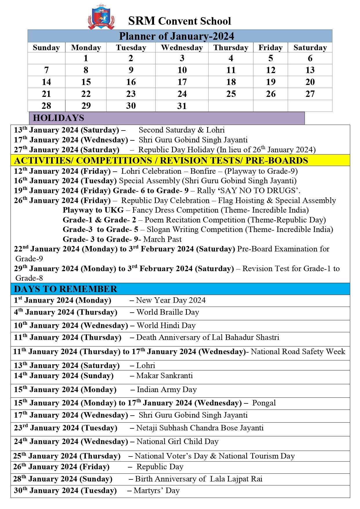 Calendar January 2024 SRM Convent School