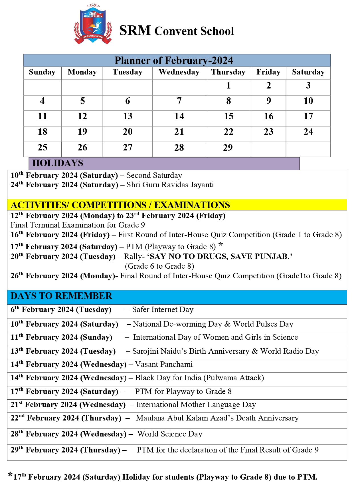 Calendar February 2024 SRM Convent School